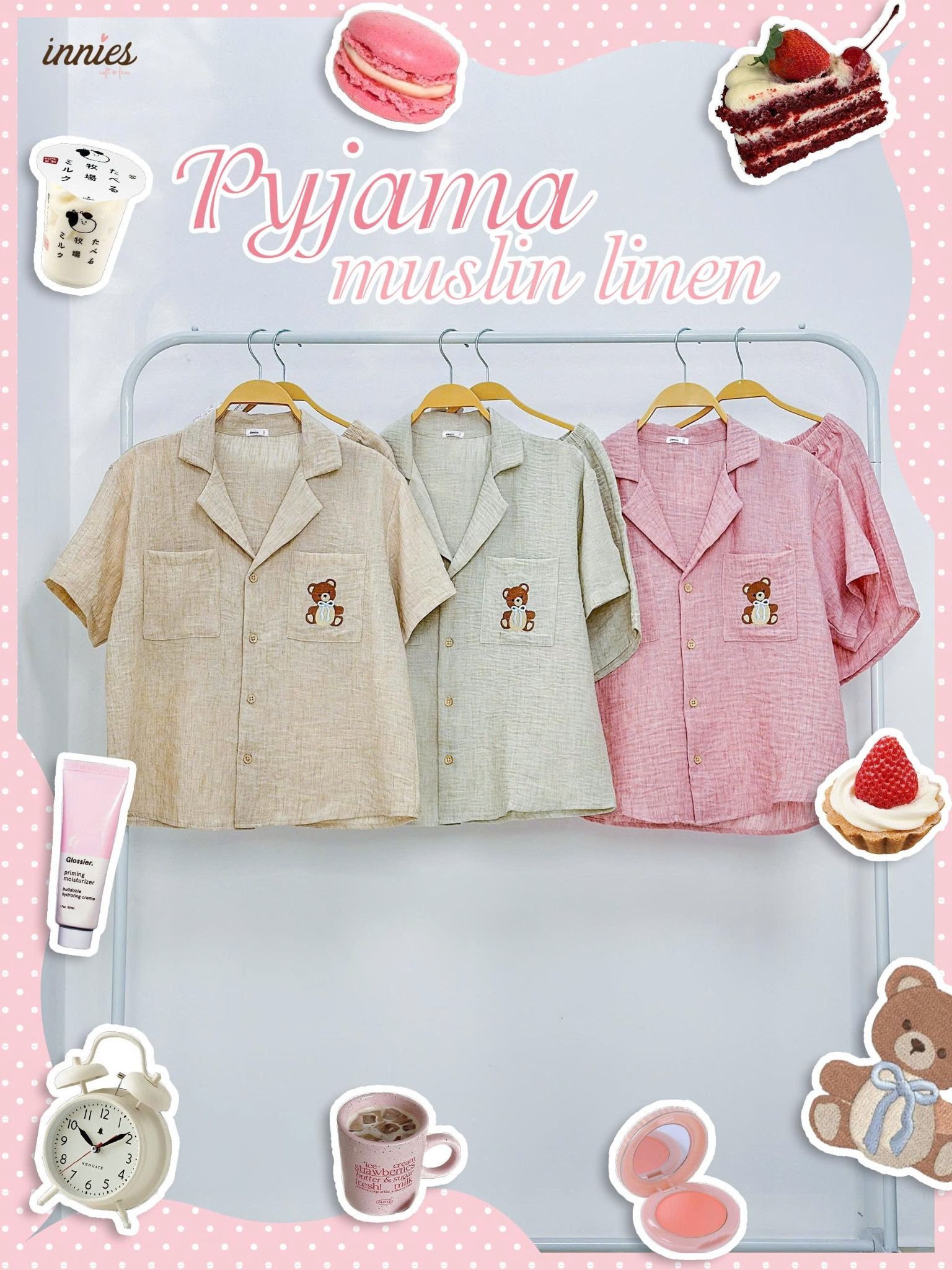  Pyjama muslin linen tay ngắn - quần shorts thêu gấu nữ Innies - 8935334002104 