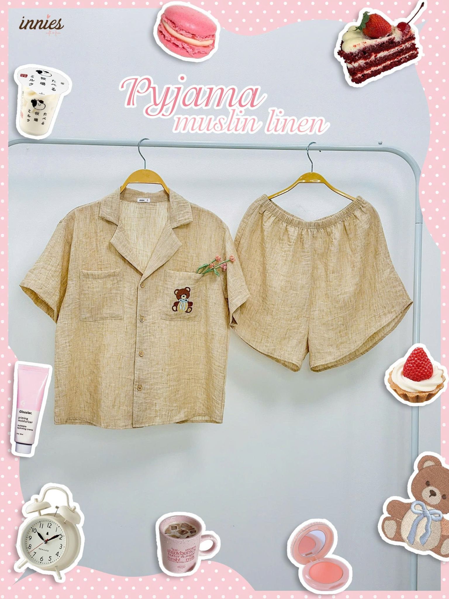 Pyjama muslin linen tay ngắn - quần shorts thêu gấu nữ Innies - 8935334002104 