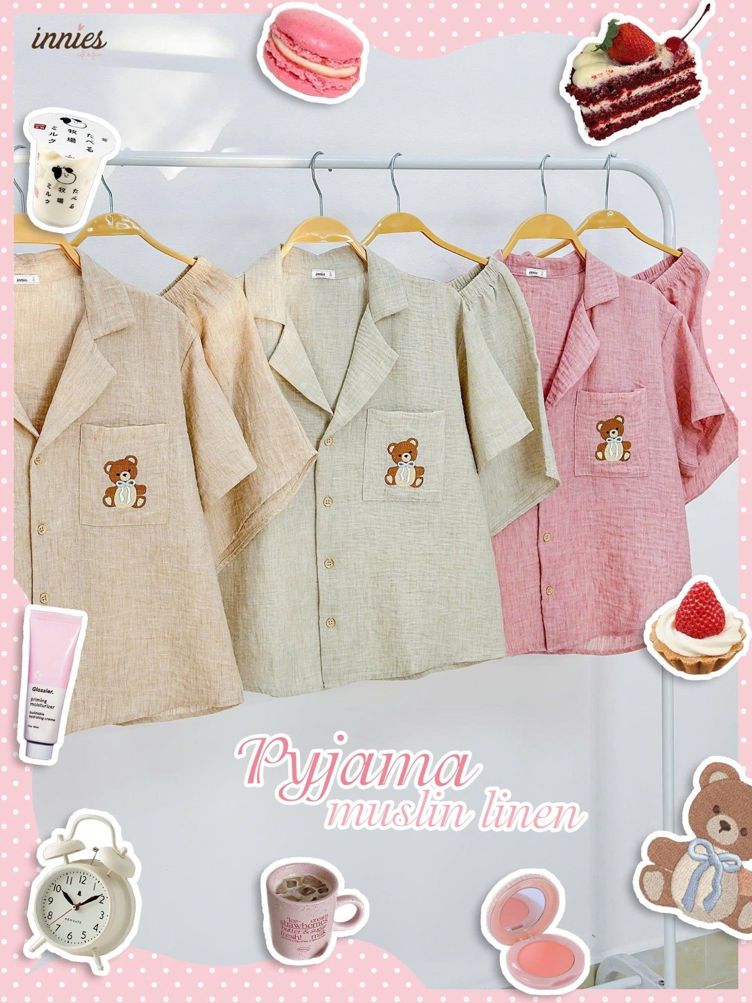  Pyjama muslin linen tay ngắn - quần shorts thêu gấu nữ Innies - 8935334002104 