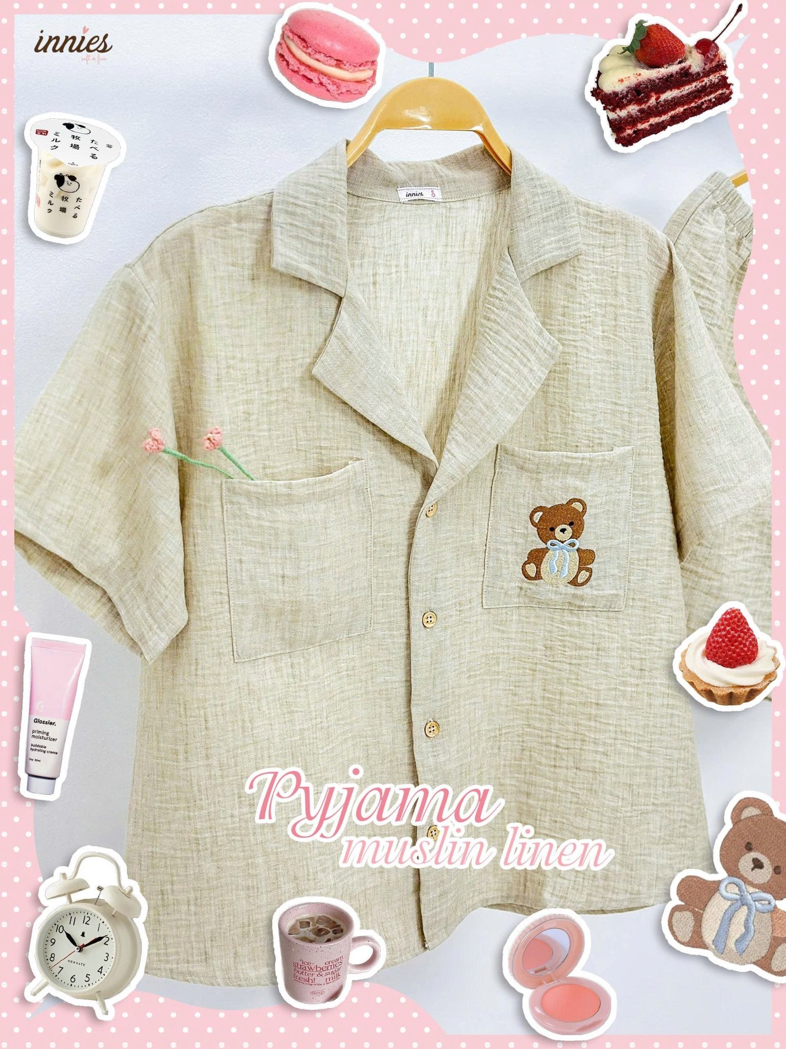  Pyjama muslin linen tay ngắn - quần shorts thêu gấu nữ Innies - 8935334002104 