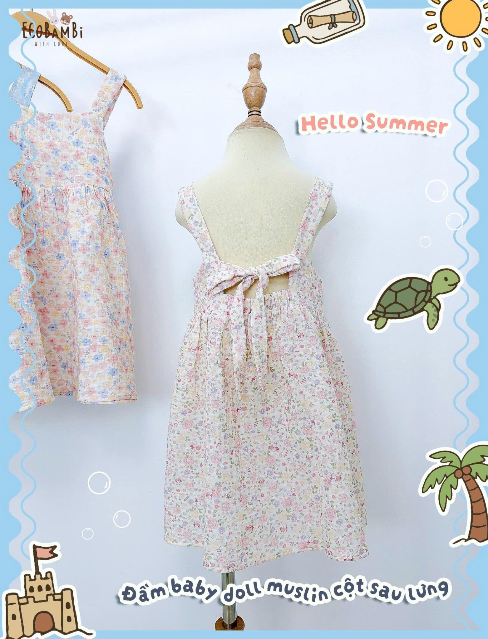  Đầm muslin 2 dây dáng babydoll bé gái ECOBAMBI - 8935334000988 