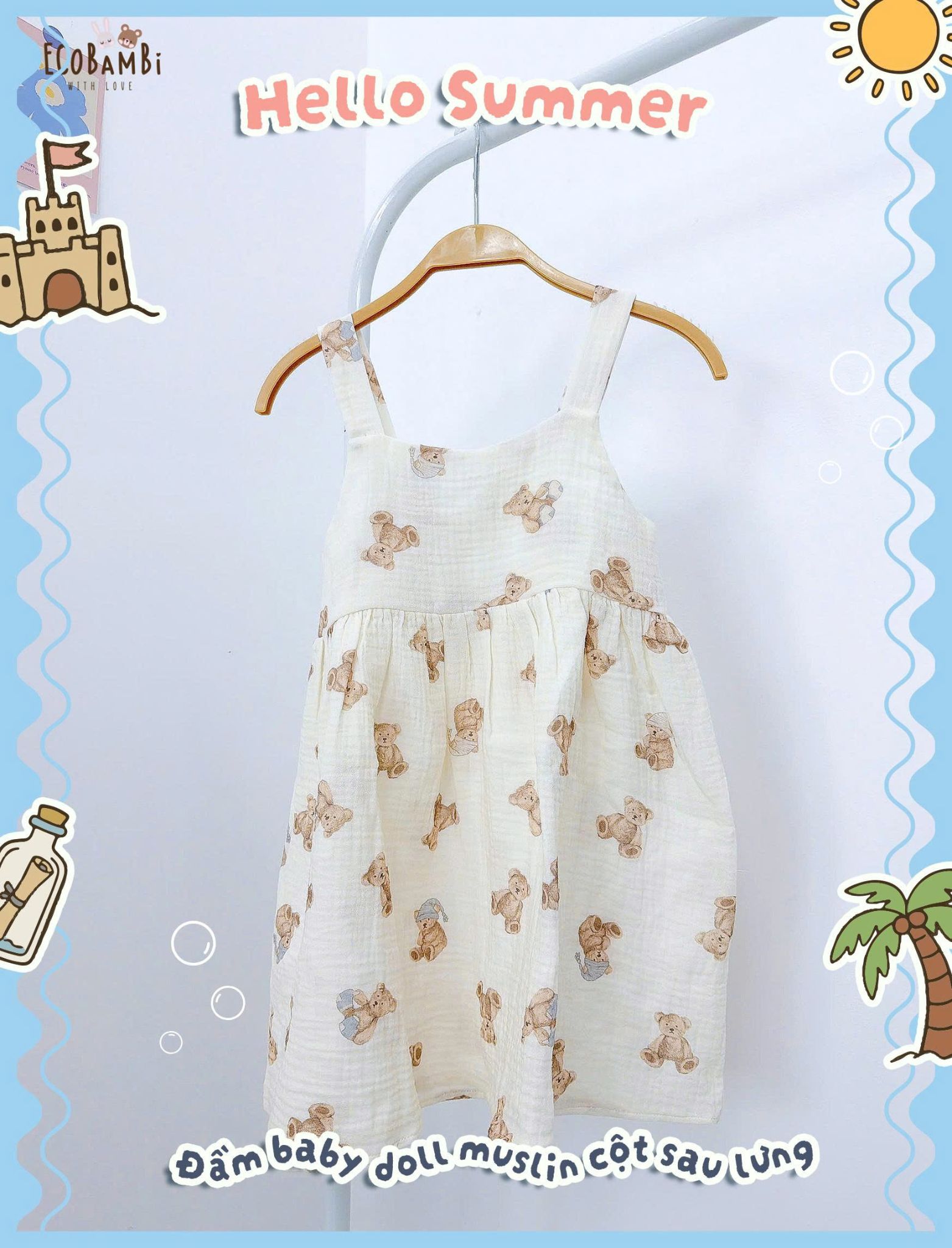  Đầm muslin 2 dây dáng babydoll bé gái ECOBAMBI - 8935334000988 