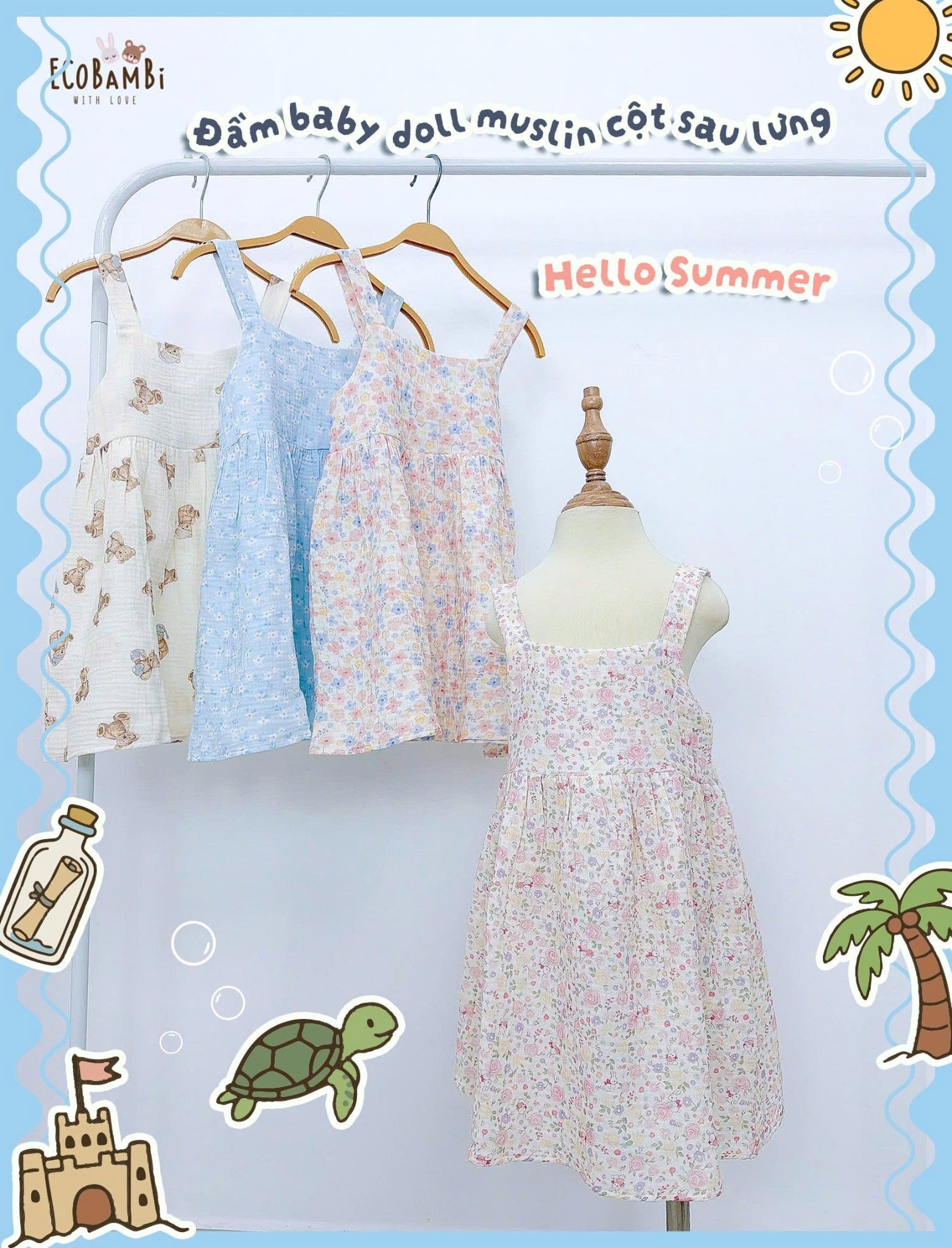  Đầm muslin 2 dây dáng babydoll bé gái ECOBAMBI - 8935334000988 