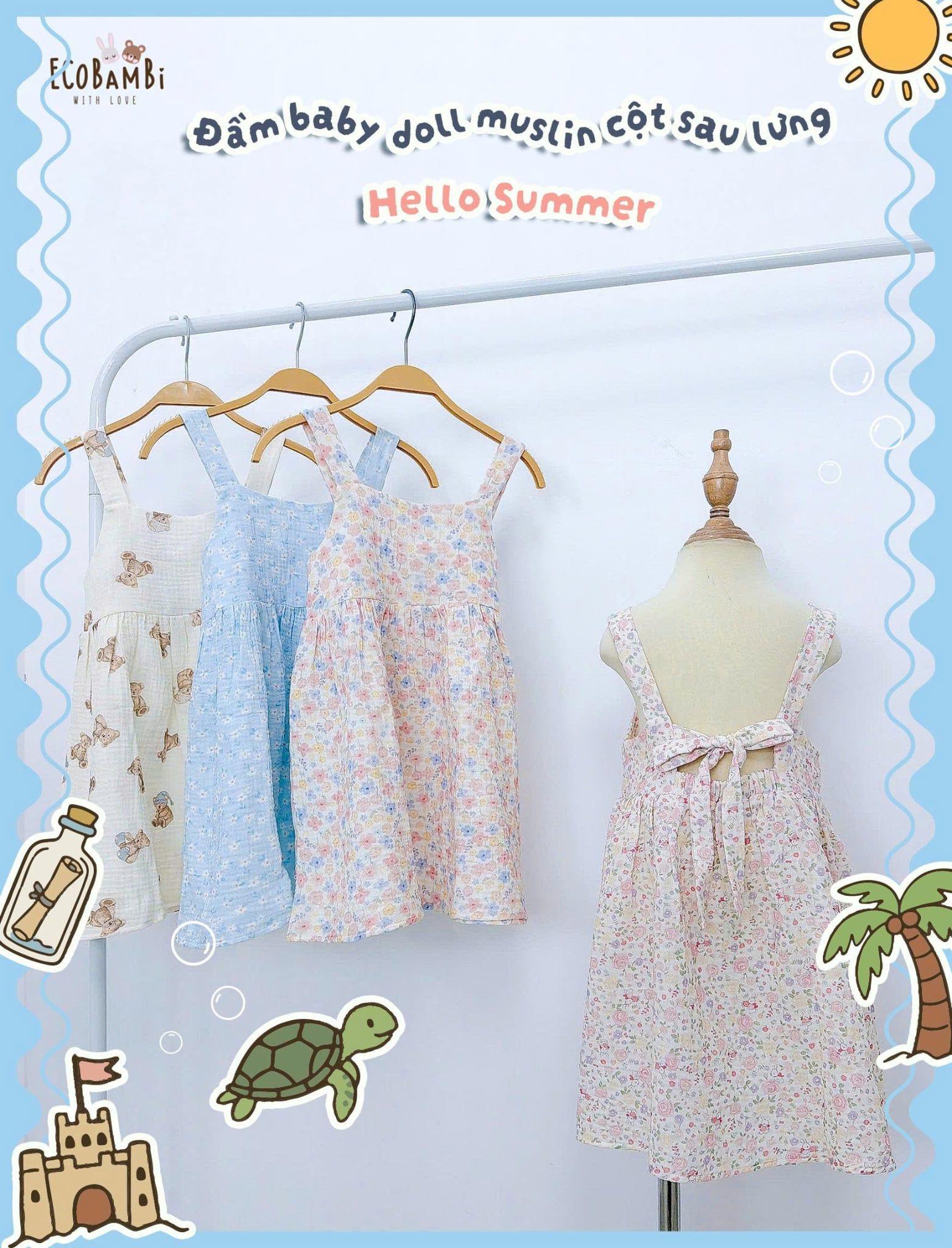  Đầm muslin 2 dây dáng babydoll bé gái ECOBAMBI - 8935334000988 