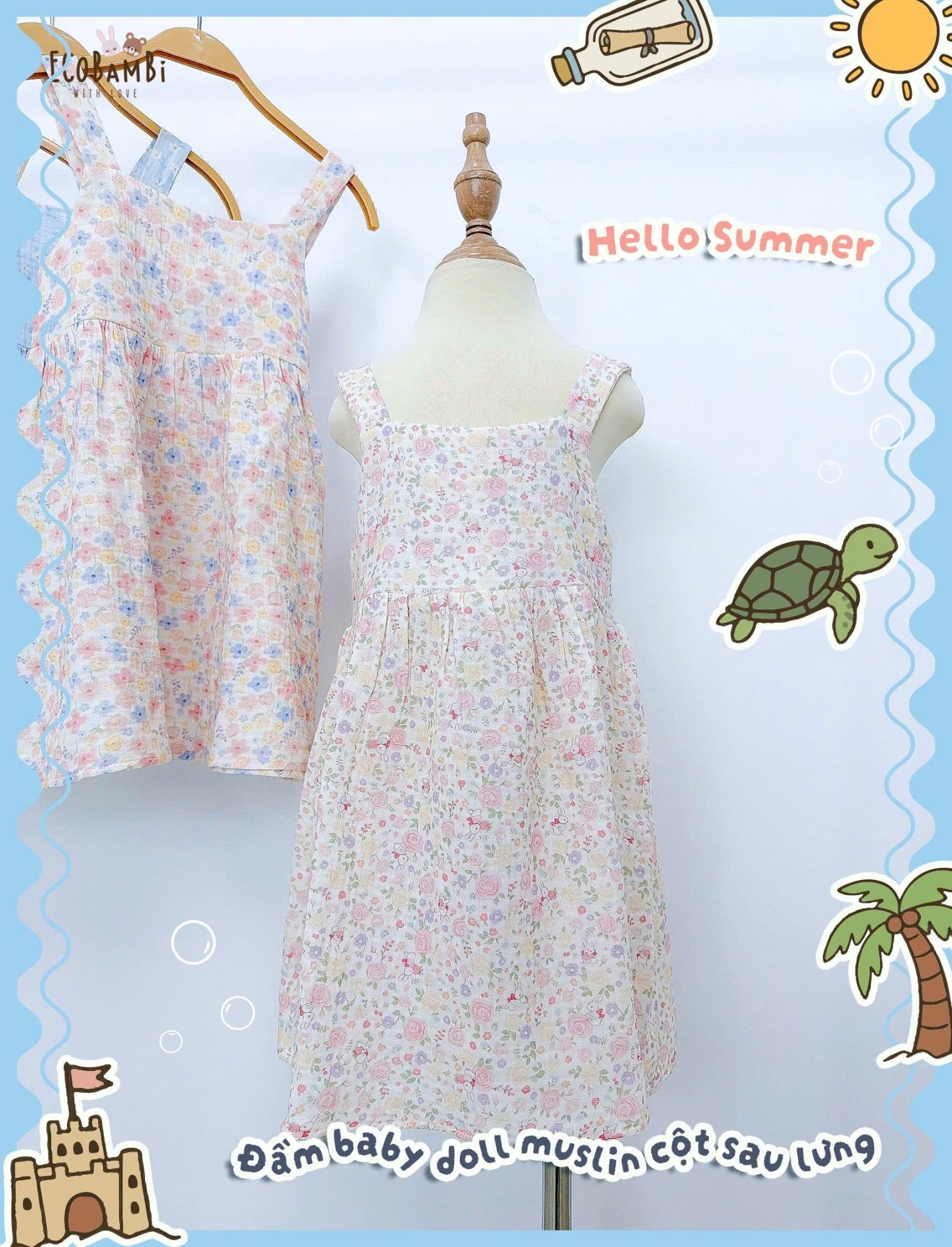  Đầm muslin 2 dây dáng babydoll bé gái ECOBAMBI - 8935334000988 