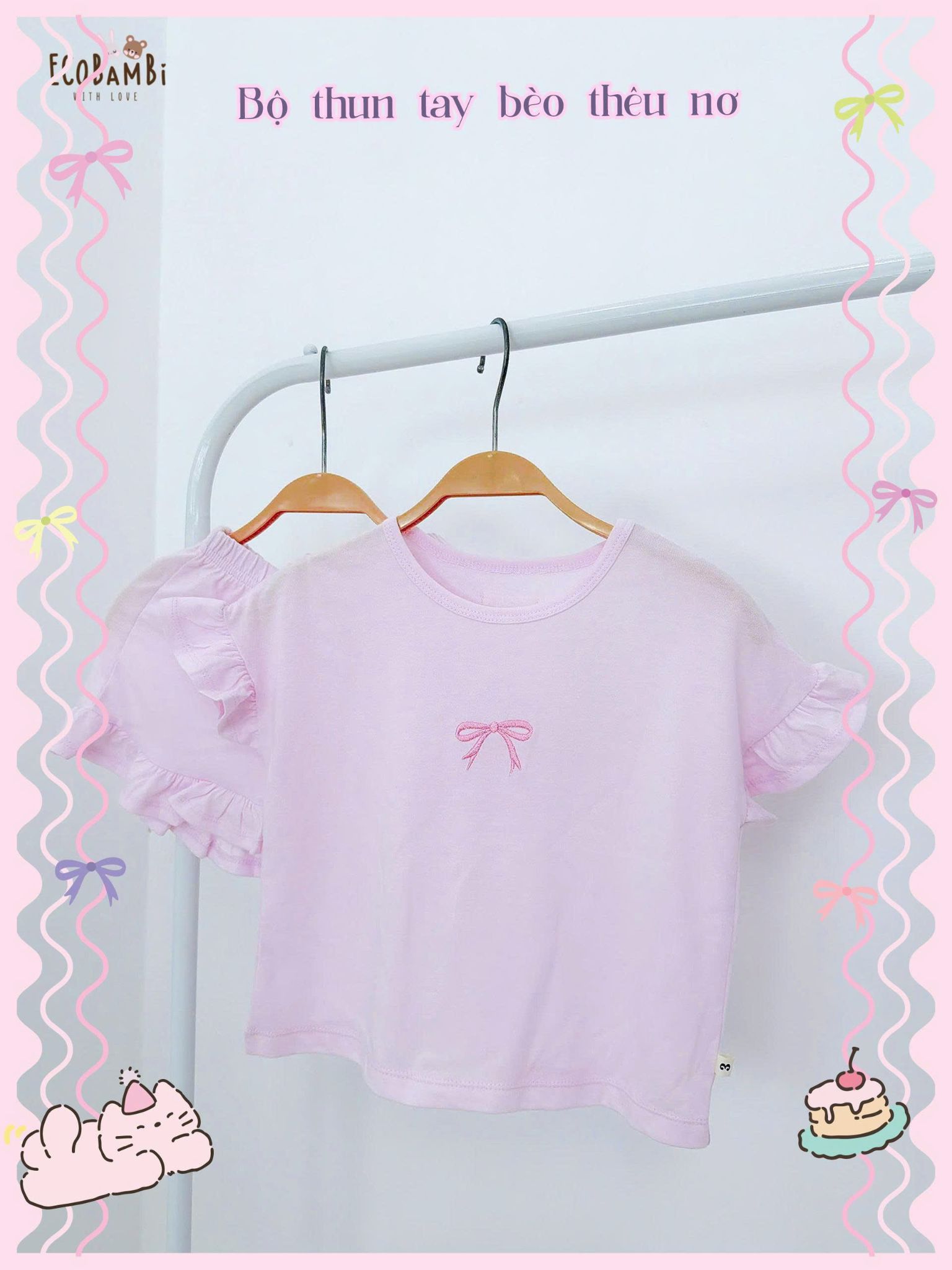  Bộ thun cotton tay ngắn - quần shorts phối bèo bé gái - 8935334000780 