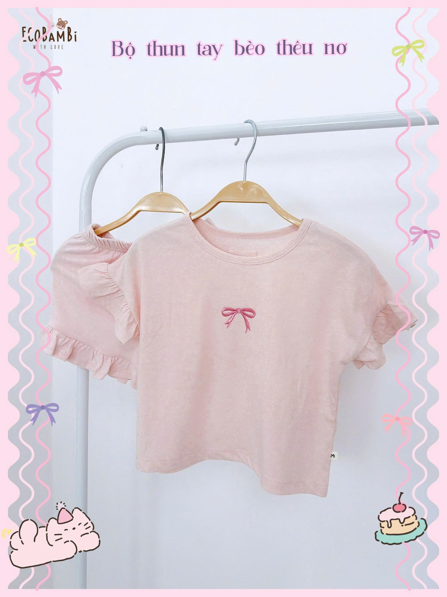  Bộ thun cotton tay ngắn - quần shorts phối bèo bé gái - 8935334000780 