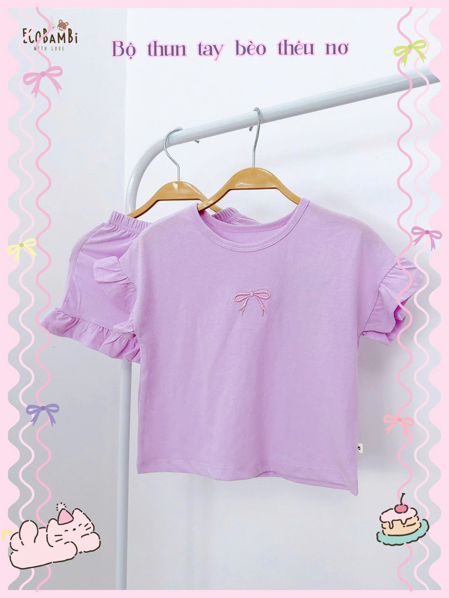  Bộ thun cotton tay ngắn - quần shorts phối bèo bé gái - 8935334000780 