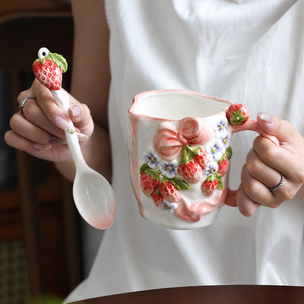  Set Cốc & Thìa Dâu Tây In Nổi 