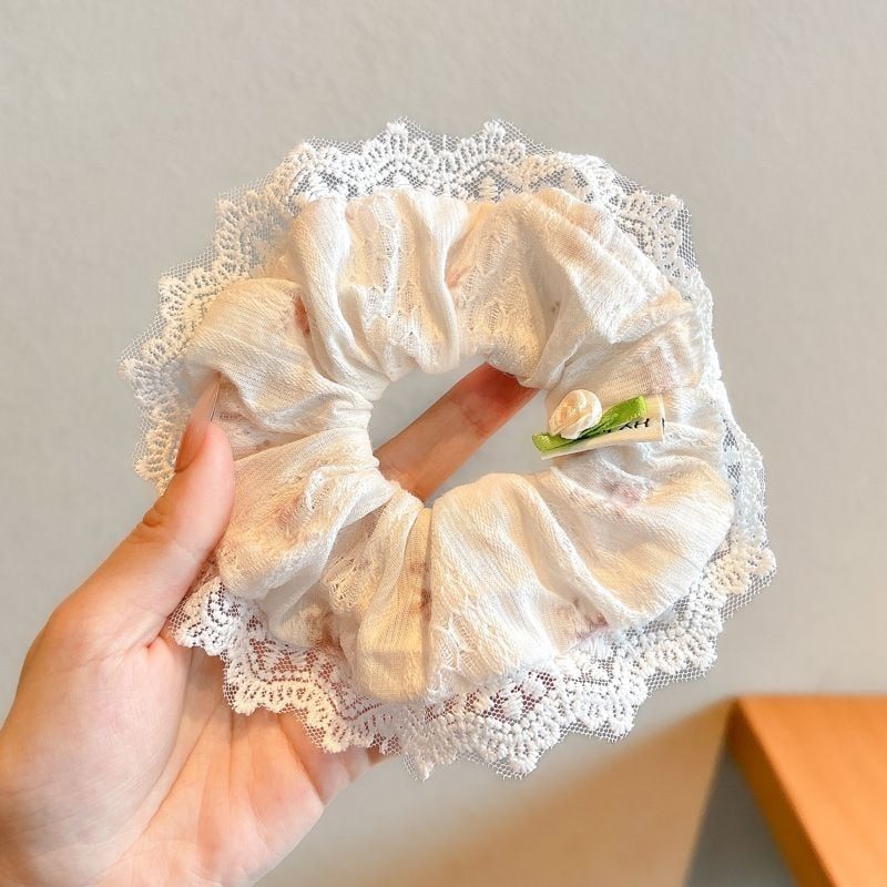  Scrunchie Phối Ren Đính Hoa Hồng Trắng 