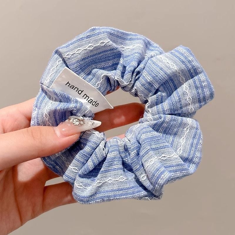  Scrunchie Xanh Dương Sọc Đính Ren 