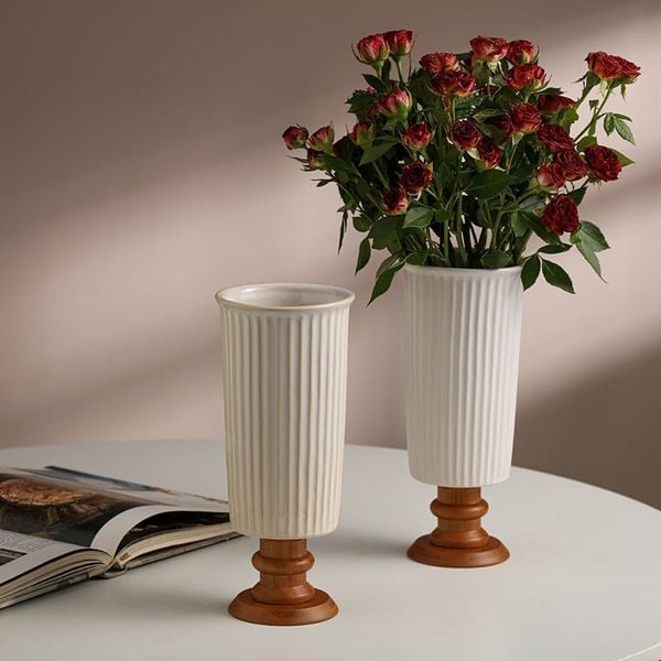  Bình Hoa Gốm Đế Gỗ Retro 