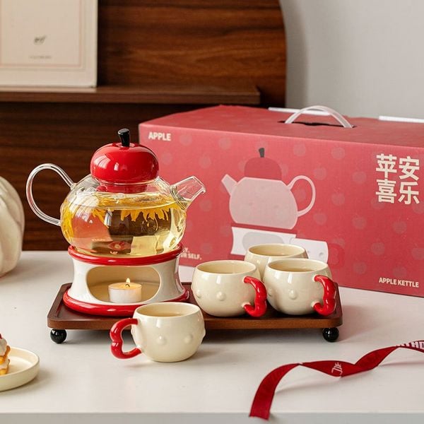  Bộ Ấm Trà Quả Táo Thủy Tinh (Kèm Khay Và Bếp Đun) 