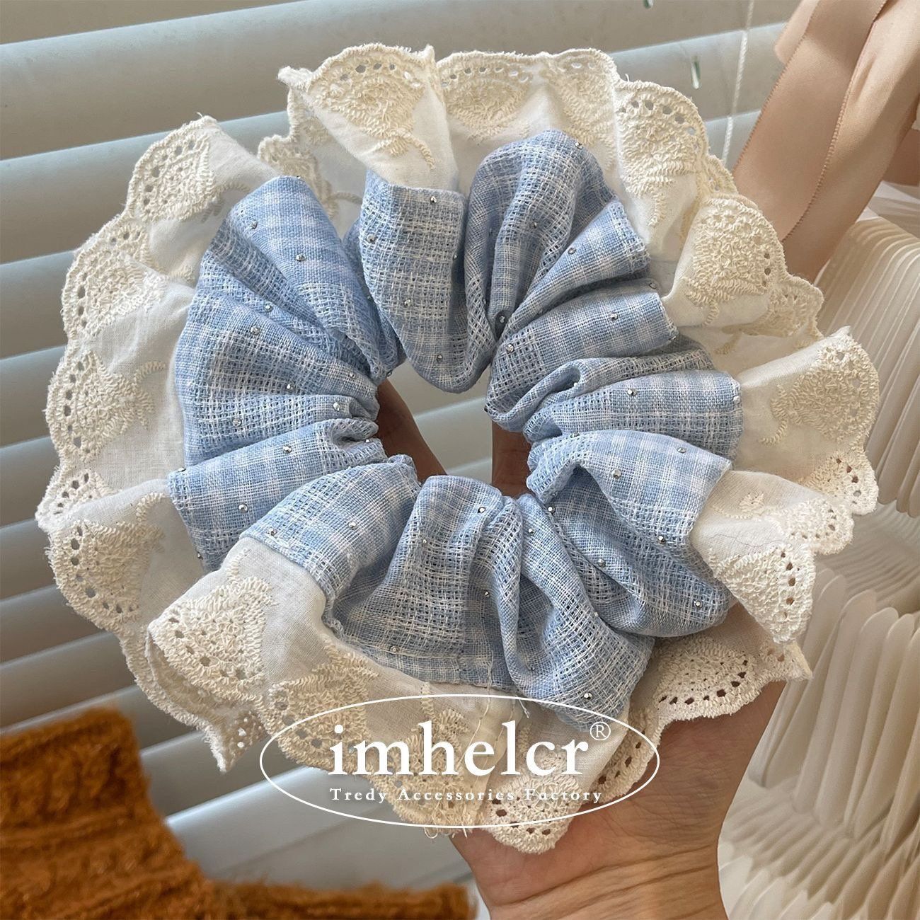  Scrunchie Caro Xanh Phối Ren 