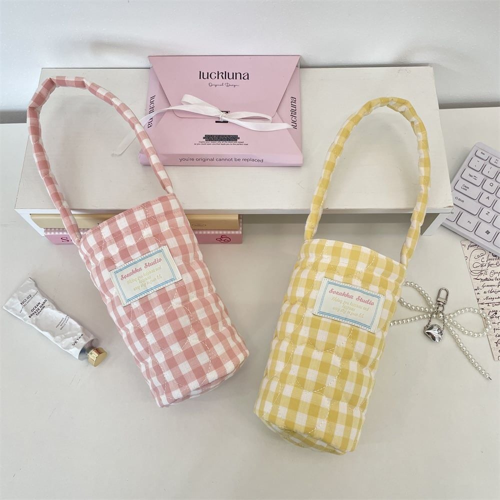  Túi Đựng Cốc - Túi Đựng Bình Nước Caro Pastel 