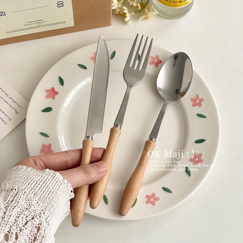  Thìa Dao Dĩa Cán Gỗ Nâu Sáng (Lẻ) 