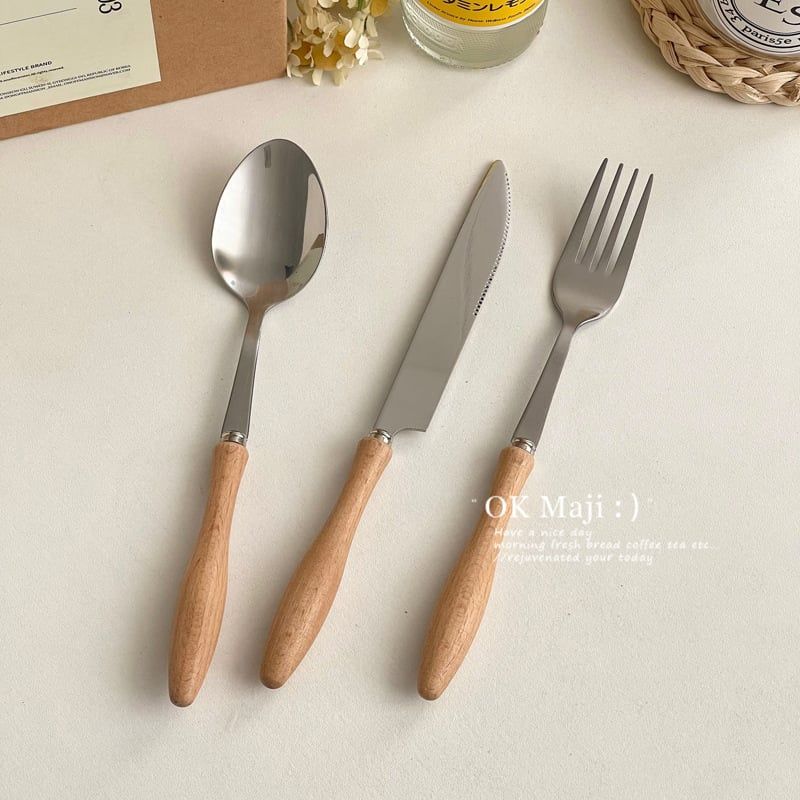  Thìa Dao Dĩa Cán Gỗ Nâu Sáng (Lẻ) 