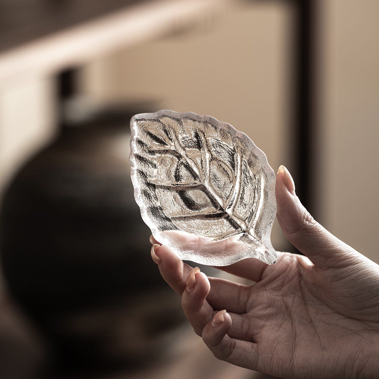  Đĩa Lá Thủy Tinh Kèm Muỗng Khuấy 