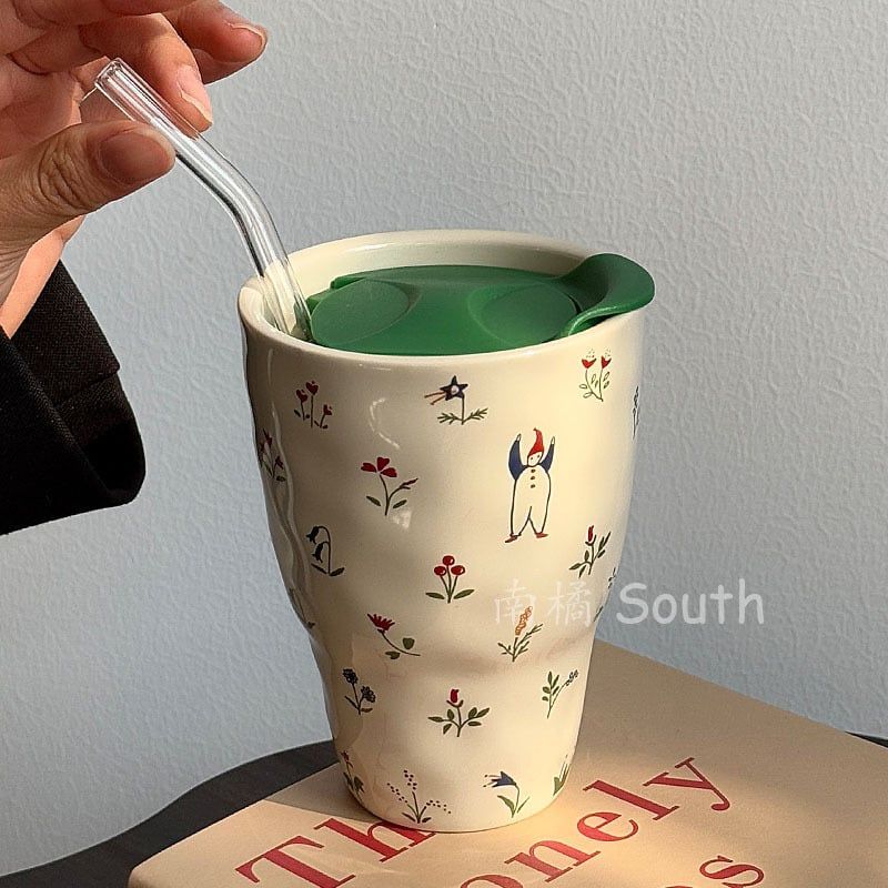  Cốc Gốm Hoa Nhí (kèm ống hút) 