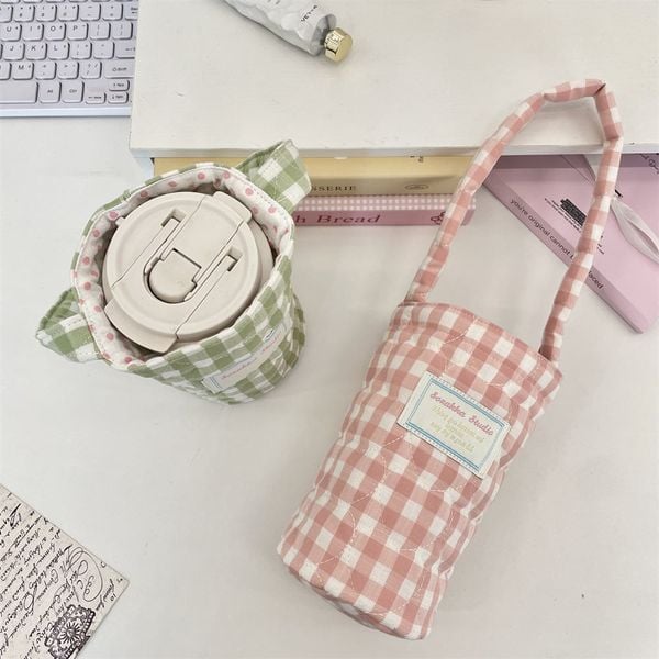  Túi Đựng Cốc - Túi Đựng Bình Nước Caro Pastel 