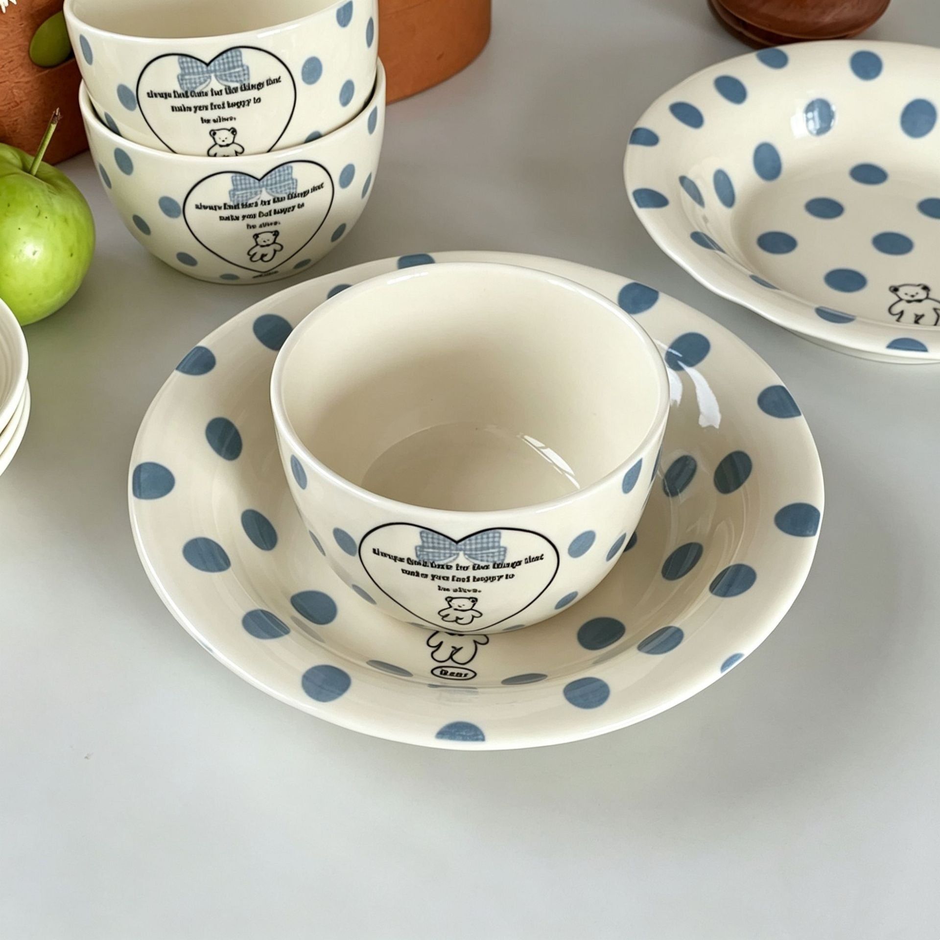  Bộ Đồ Ăn Hình Gấu Chấm Bi Xanh 