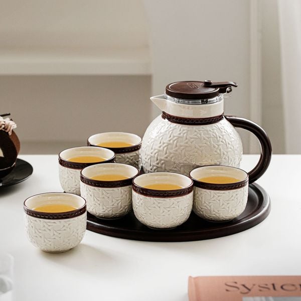  Bộ Ấm Trà Gốm Họa Tiết Mây Đan (Kèm Khay) 