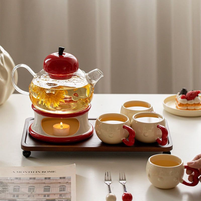  Bộ Ấm Trà Quả Táo Thủy Tinh (Kèm Khay Và Bếp Đun) 