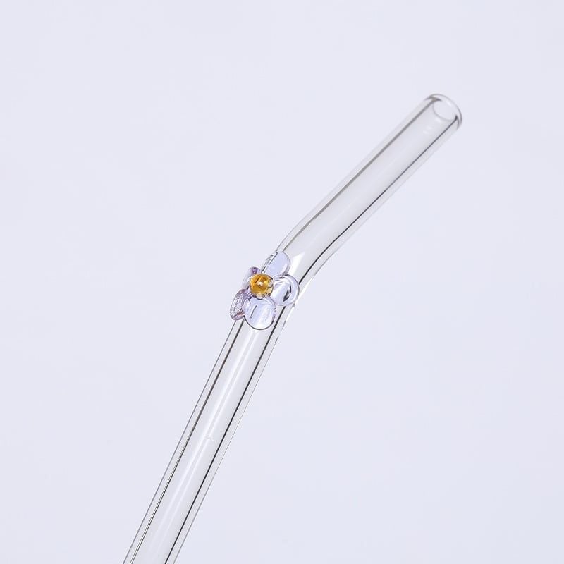  Ống Hút Thủy Tinh Cong Charm Hoa Màu Sắc 