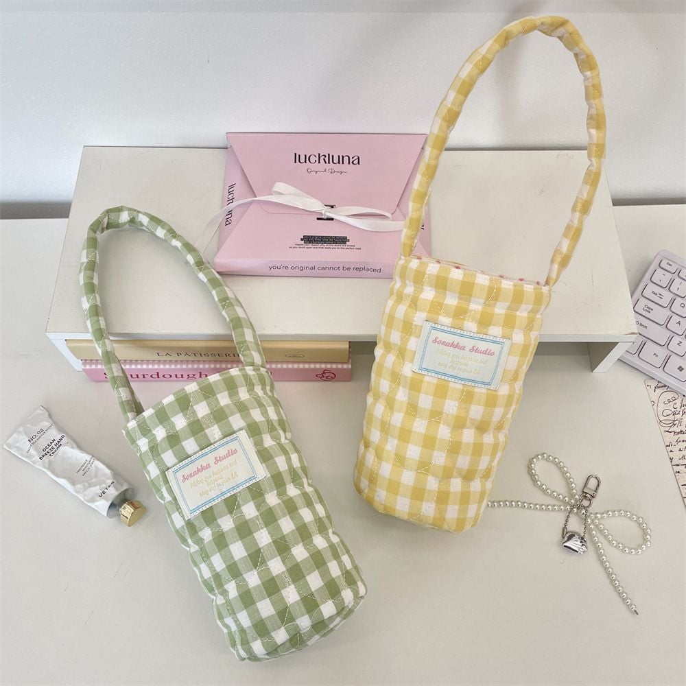  Túi Đựng Cốc - Túi Đựng Bình Nước Caro Pastel 