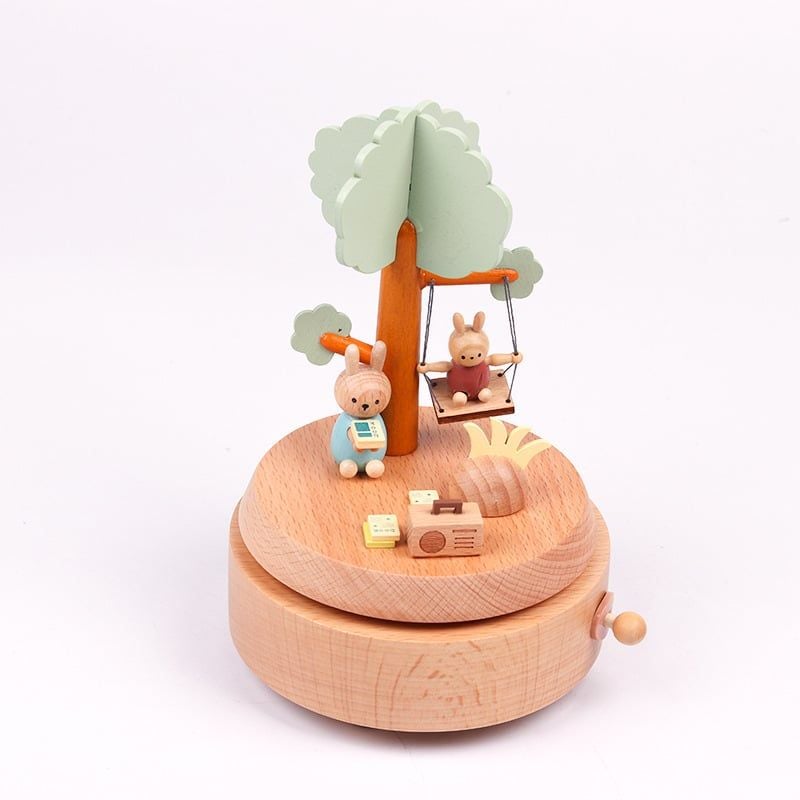  Hộp Nhạc Gỗ Tròn Thỏ Ngồi Xích Đu 