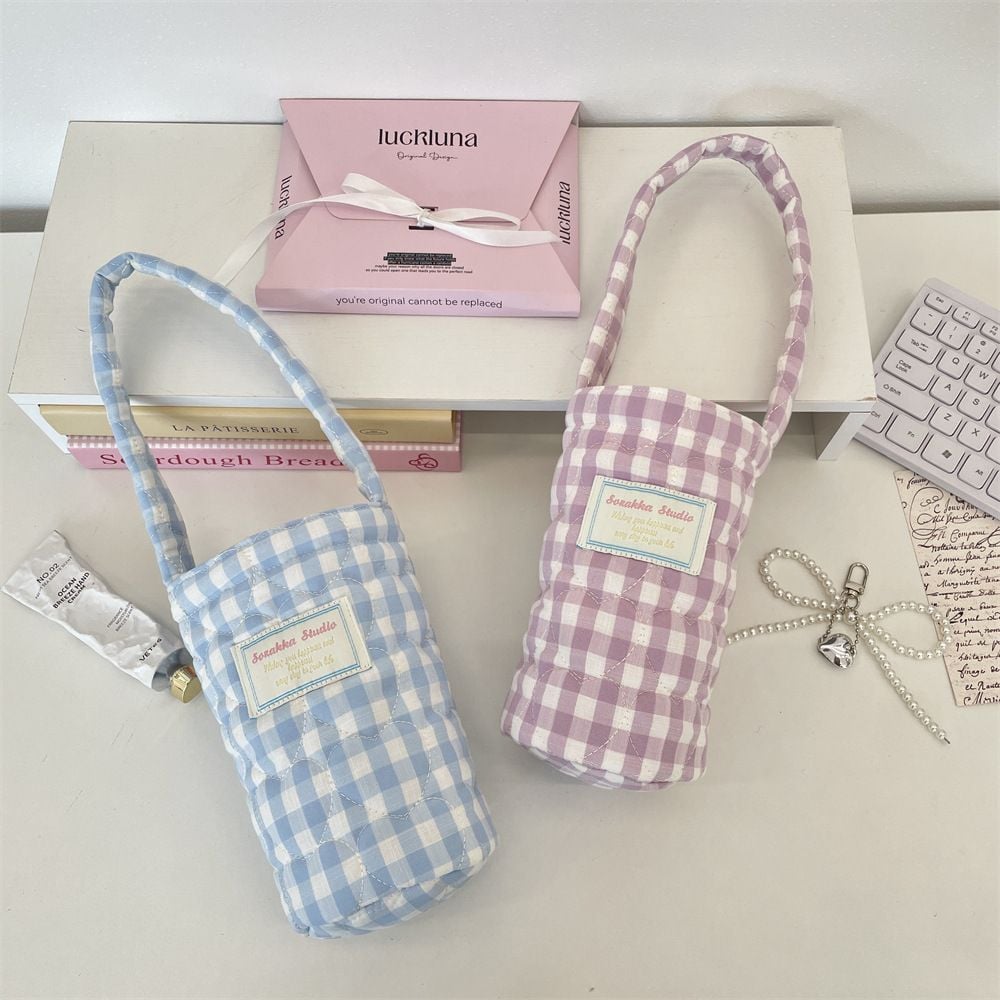  Túi Đựng Cốc - Túi Đựng Bình Nước Caro Pastel 