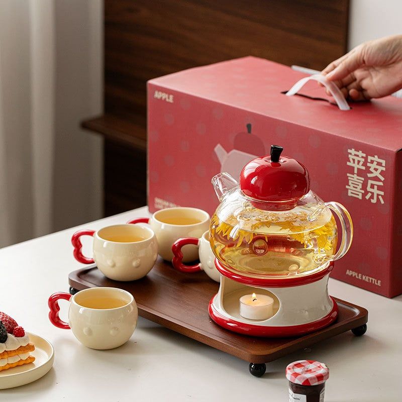  Bộ Ấm Trà Quả Táo Thủy Tinh (Kèm Khay Và Bếp Đun) 
