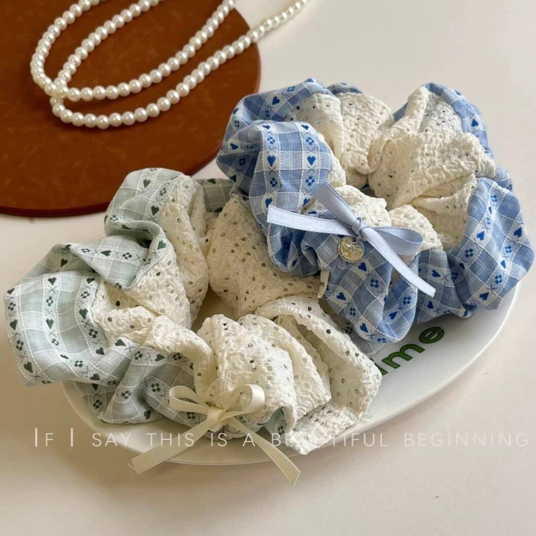  Scrunchie Caro Xanh Phối Ren 