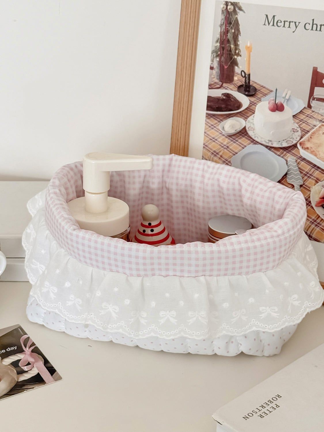  Giỏ Vải Ren Caro Hồng 