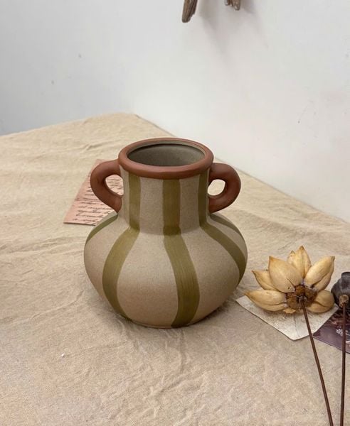  Bình Gốm Vintage Sọc Nâu 