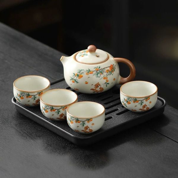  Bộ Ấm Trà Mèo Bên Cây Hồng (Kèm Khay) 