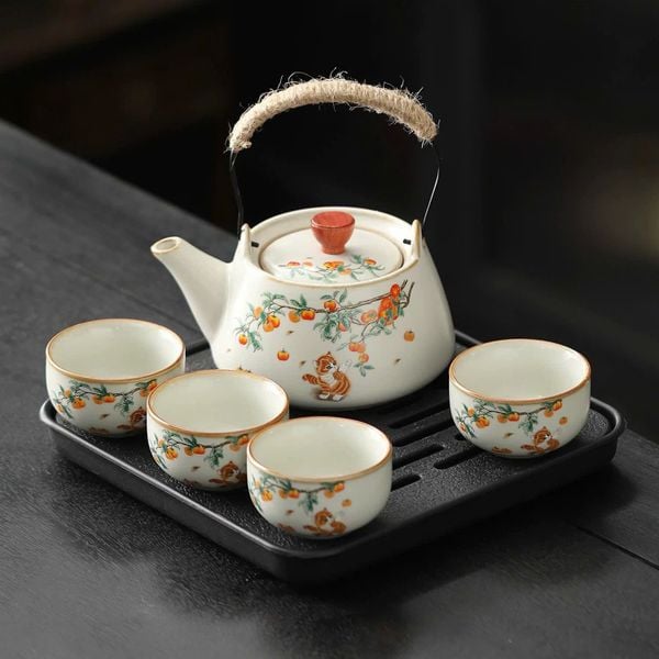  Bộ Ấm Trà Mèo Bên Cây Hồng (Kèm Khay) 