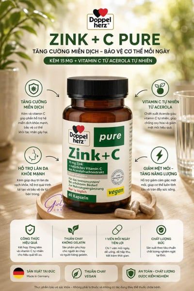 Viên uống Zink + C Vegan thuần chay Doppelherz - kẽm 15mg và Vitamin C tự nhiên