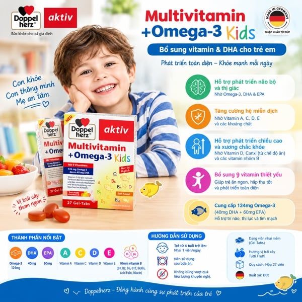 Viên Nhai Doppelherz Aktiv Multivitamin + Omega-3 Kids 27 Gel Tabs – Bổ Sung Vitamin, DHA & Omega-3 Cho Trẻ Em
