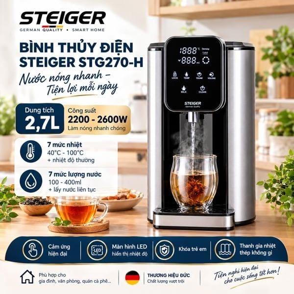 Bình Thủy Điện Steiger STG270-H 2.7L – 2600W, Cảm Ứng, 7 Mức Nhiệt