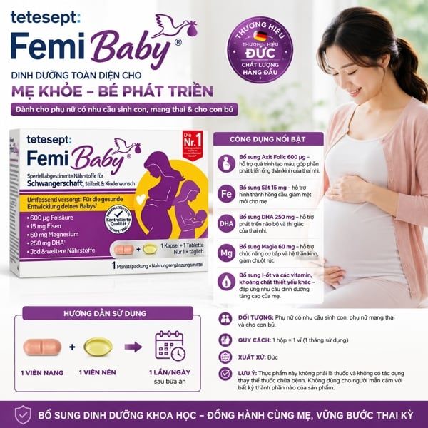 TETesept Femi Baby® – Vitamin Bà Bầu Đức Bổ Sung Axit Folic, Sắt, DHA, Magie & I-ốt