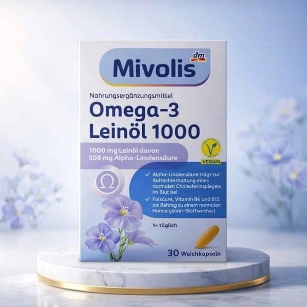 Viên Uống Omega 3 Dầu Hạt Lanh Mivolis Omega-3 Leinöl 1000 Của Đức – Bổ Sung Omega 3 Thực Vật Cho Sức Khỏe Tim Mạch