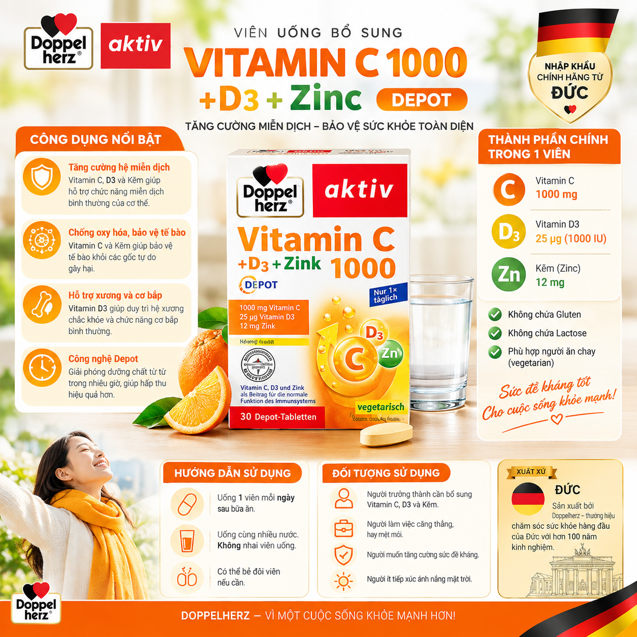 Viên Uống Doppelherz Aktiv Vitamin C 1000 + D3 + Zinc Depot 30 Viên – Tăng Cường Miễn Dịch, Bổ Sung Vitamin C Đức