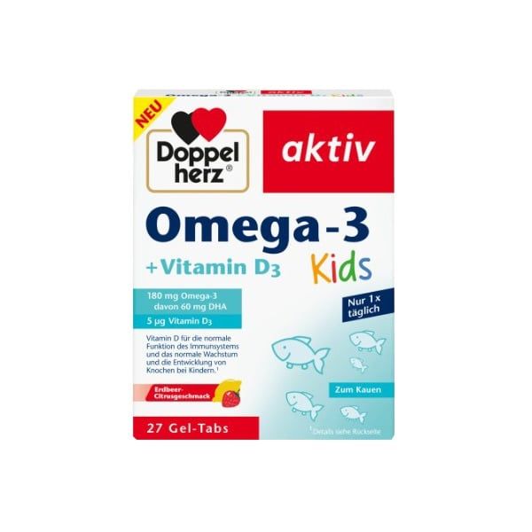 Viên nhai Omega-3 + Vitamin D3 Kids Doppelherz - Bổ sung DHA và D3 cho trẻ em - hộp 27 viên