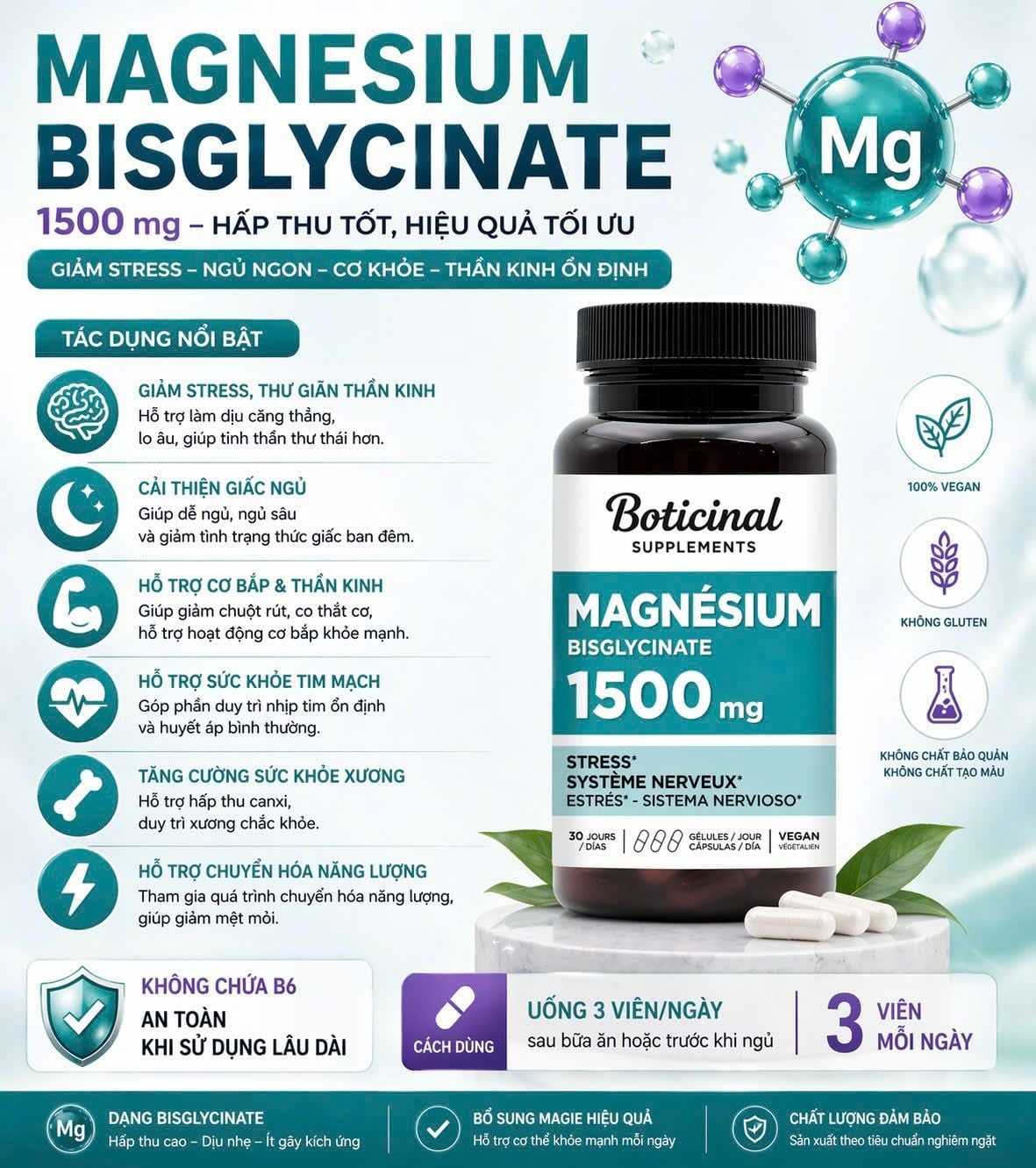 Magnesium Bisglycinate Boticinal 1500mg – Hỗ Trợ Ngủ Ngon, Giảm Stress, Giảm Chuột Rút