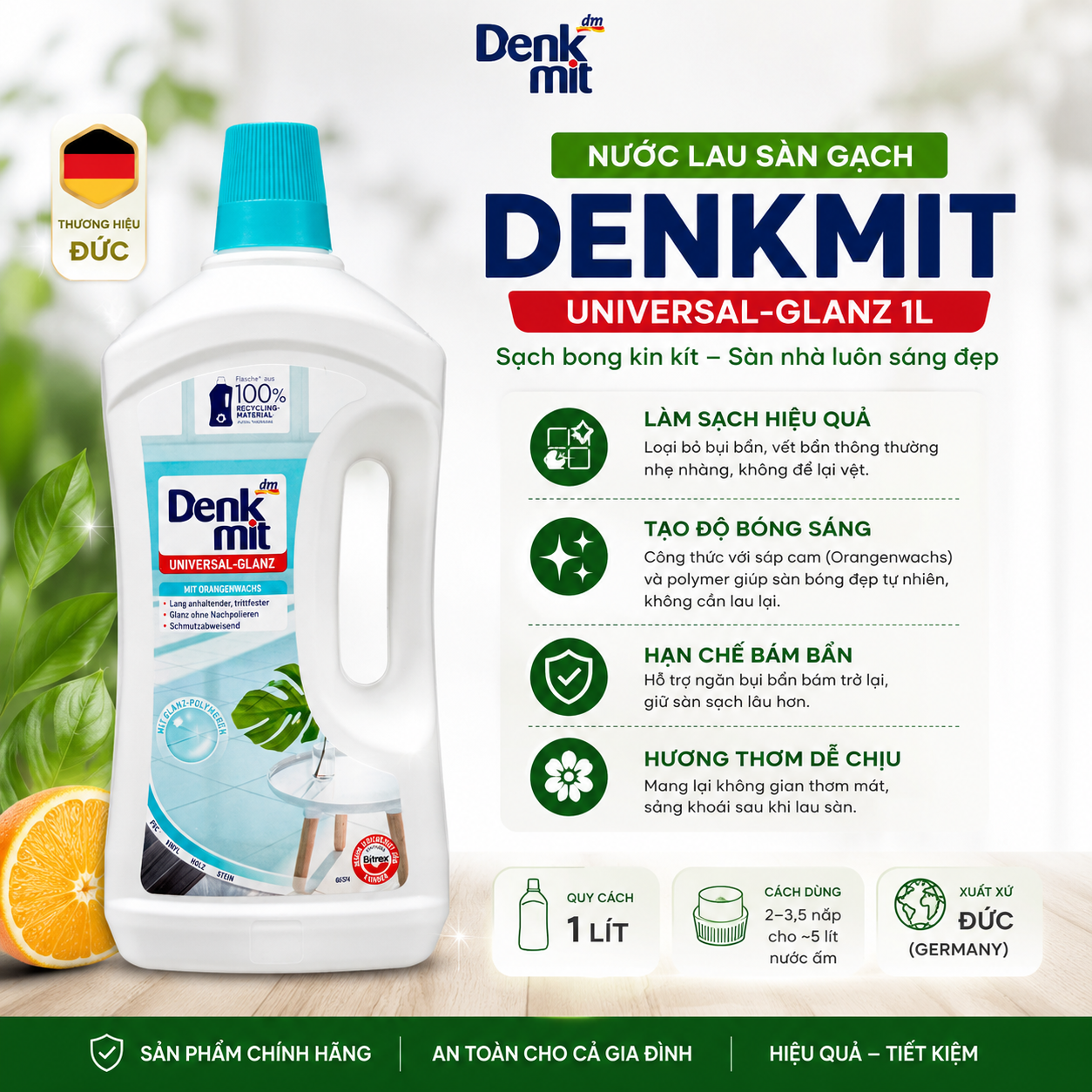 Nước Lau Sàn Gạch Denkmit Universal-Glanz 1L – Làm Sạch, Bóng Sàn, Hạn Chế Bám Bẩn