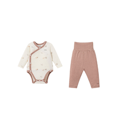 Nous Bộ bodysuit dài tay áo trắng họa tiết thỏ kéo xe phối quần nâu cam Petit