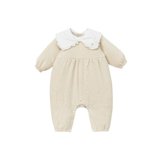 Nous Bộ liền dài be phối cổ trắng thêu trang trí