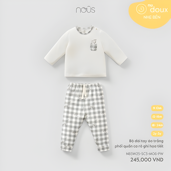  Nous Bộ dài tay áo trắng phối quần caro ghi họa tiết Doux 