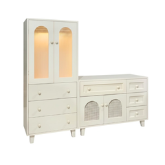 Set tủ gỗ trắng đứng 2 cánh 3 ngăn + tủ gỗ ngang 2 cánh 4 ngăn